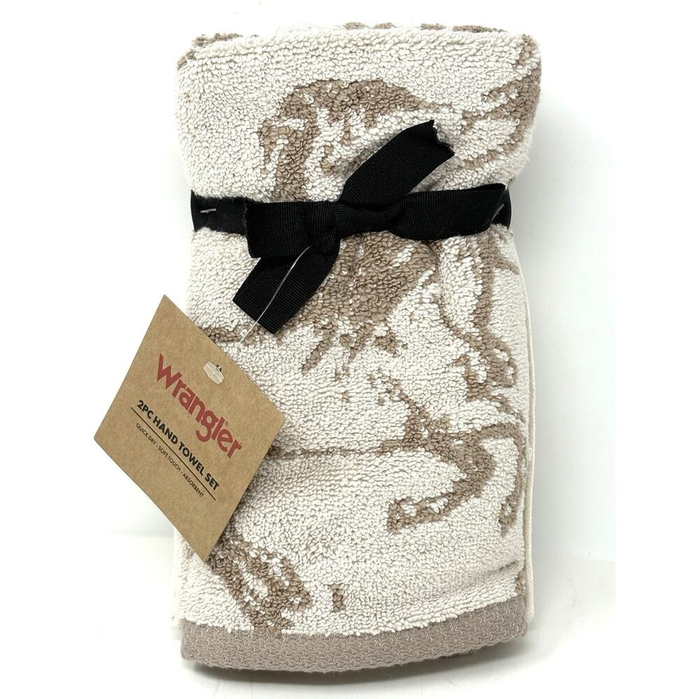 Wrangler Horse Hand Towels Tan Beige Mustangs Set Of 2 Pcs NWT Ivory